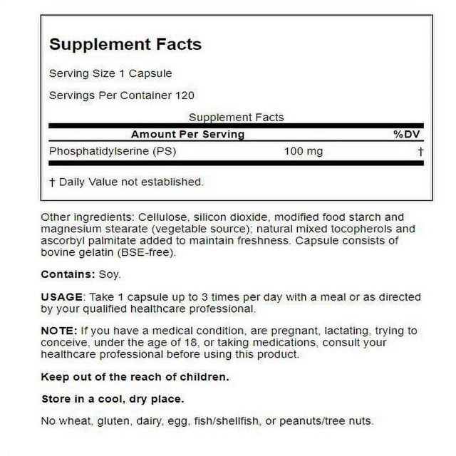 Jarrow Formulas PS100 100 Mg Phosphatidylserine Promotes Brain Function, 120 Capsules