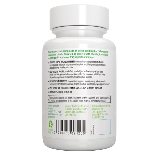 Igennus Triple Magnesium Complex, Vegan, High Absorption, Chelated Glycinate, Taurate & Citrate for Stress, Sleep, Migraine, Fully Reacted, Pure & Oxide-Free, 30 Servings