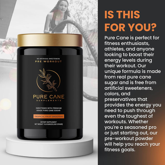 Pure Cane Natural Pre Workout Powder for Men & Women - No Artificial Sweeteners, Sweetend with Natural Pure Cane Sugar- Tropical Fruit Smoothie