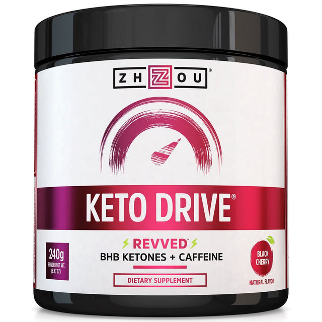 Zhou Keto Drive with BHB Ketones + Caffeine | Patented Beta-Hydroxybutyrates & Electrolytes | Black Cherry REVVED | 16 Servings, 240 Grams