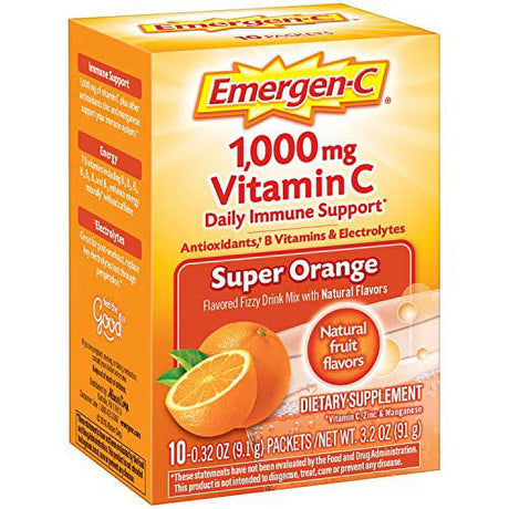 Emergen-C Vitamin C 1000Mg Powder (10 Count, Super Orange Flavor), with Antioxidants, B Vitamins and Electrolytes, Dietary Supplement Fizzy Drink Mix, Caffeine Free