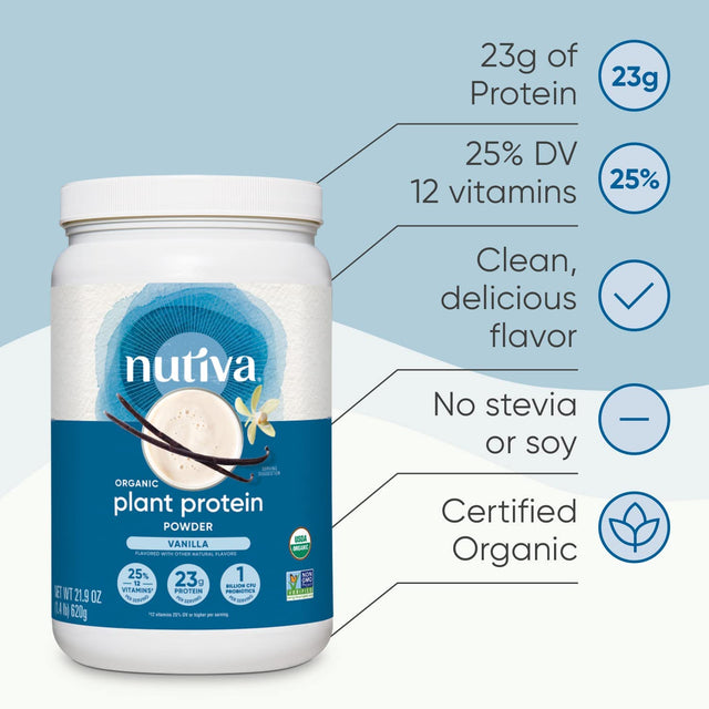 Nutiva Organic Plant Protein Smoothie, Vanilla, 1.4 Pound, USDA Organic, Non-Gmo, Non-Bpa, Vegan, Gluten-Free, Keto & Paleo, 23G Protein Shake & Meal Replacement