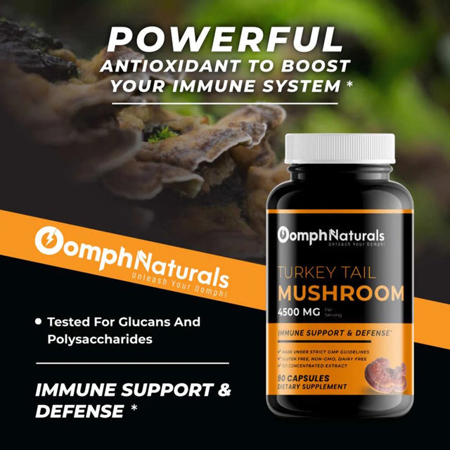 Oomph Naturals Turkey Tail Mushroom Capsules, 4500Mg Extract, 90 Day Supply, Non-Gmo, Gluten Free, Superfood Supplement for Immune Support Gut Health