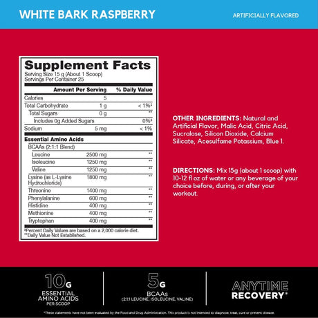 BSN Amino X Eaas, Muscle Recovery & Endurance, 10G Essential Amino Acids, 5G Bcaas, Zero Sugar, Caffeine Free, White Bark Raspberry, 13.2Oz, 25 Servings