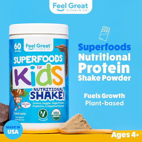 Feel Great USDA Organic Kids Protein Shake | Kids Protein Powder with Greens, Vitamins, Probiotics & Antioxidants | Vegan Chocolate Kids Nutritional Shake & Smoothie Mix | 60 Servings