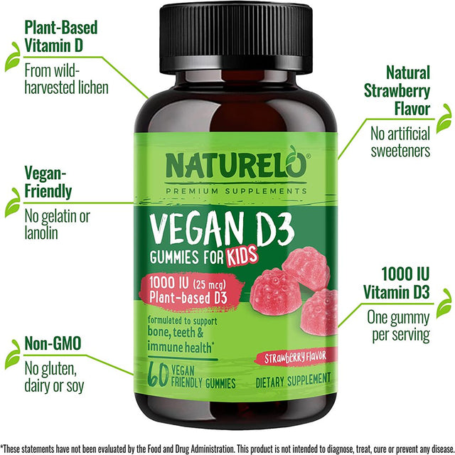 NATURELO Vegan D3 Gummies Supplement for Kids, 1000 IU - Vegan - 60Ct