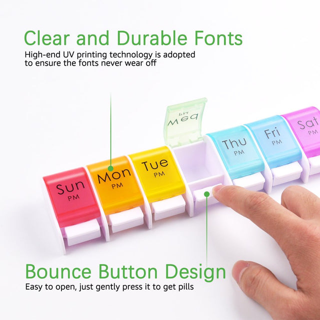 Greencycle Weekly 7 Day Push-Button Pill Organizer Arthritis Friendly 2 Times a Day AM/PM Bpa-Free Pill Box Moisture-Proof Pill Cases Design for Vitamins Fish Oil Compartments Supplements (Rainbow)
