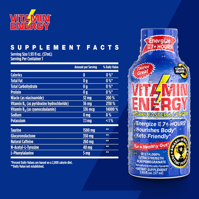 Vitamin Energy B12 Energy Shots | Natural Healthy Energy & Focus Drink | Sugar-Free Carb-Free Supplement | Vitamins B6, B12 | Energize up to 7+ Hours | Acai Pomegranate - 1.93 Fl Oz - Pack of 12