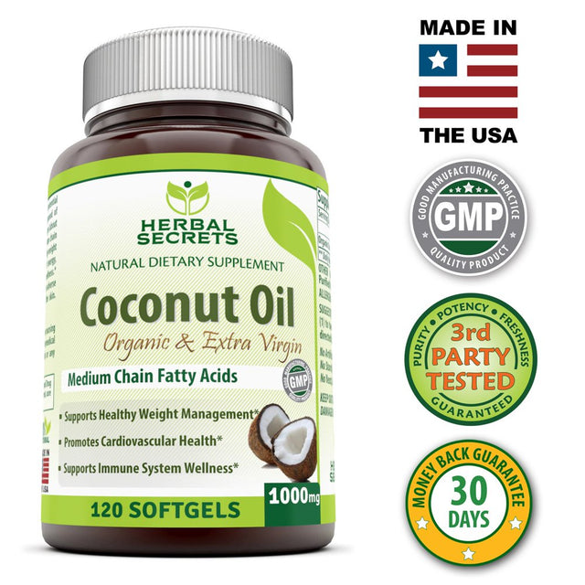 Herbal Secrets Organic & Extra Virgin Coconut Oil Dietary Supplement - 1000Mg - 120 Softgels (Non-Gmo) - Weight Management & Immune System Support - Promotes Heart Health*