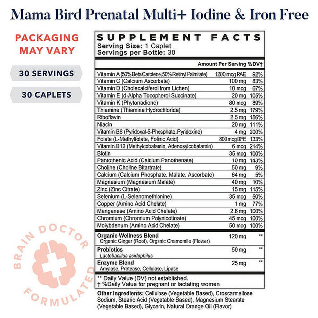 Mama Bird Prenatal Multi+ Vitamins, Methylfolate, Organic, Vegan, Best Nest Wellness, 30 Ct