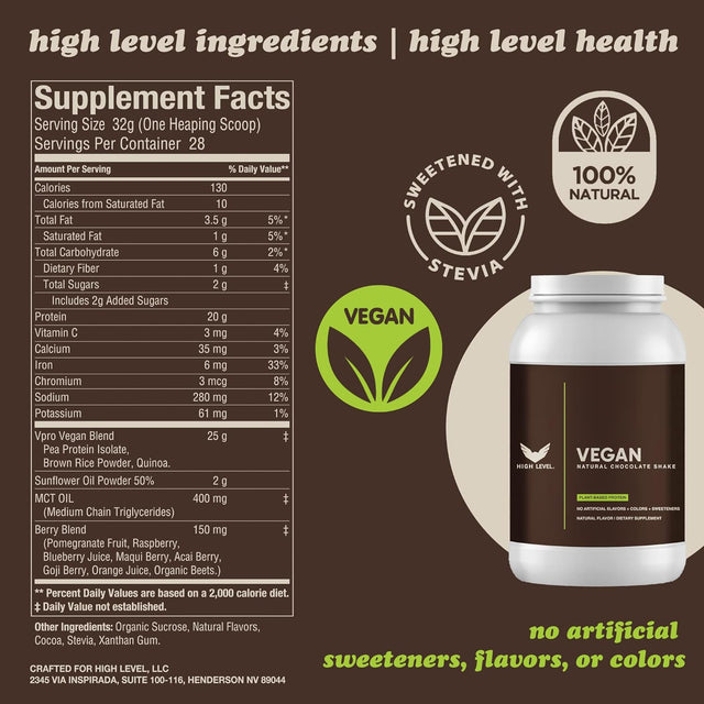 Vegan Protein Powder - Chocolate Shake, 20G Protein, 2 Lb, Plant Protein Blend from Pea, Brown Rice & Quinoa, No Artificial Additives, Enriched with MCT Oil and Antioxidants, Natural