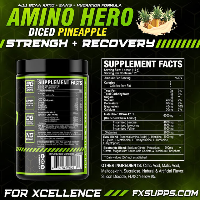 FX Supps Amino Hero Diced Pineapple Flavor(25 Servings)|Post-Workout Recovery Drink for Men and Women|Energy Powder Mix with BCAA, EAA, and Electrolytes|Promotes Endurance and Healthy Muscles - 1 Pack