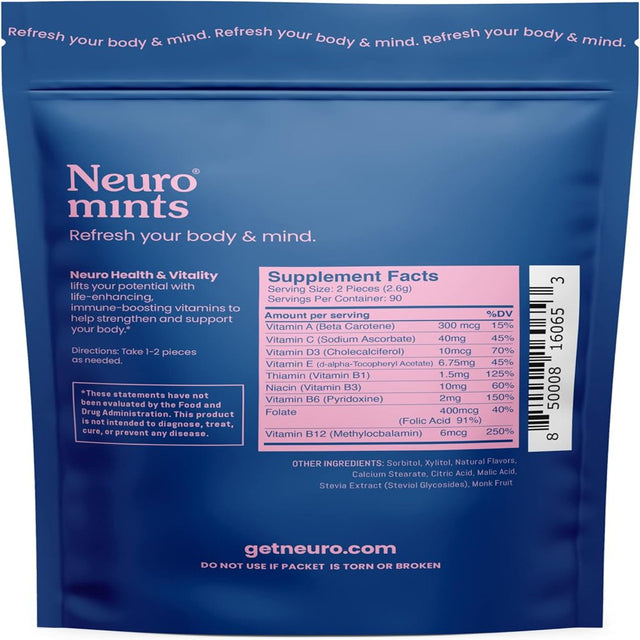 Neuromints Multivitamin Mints with Vitamin A, C, D3, E, B3, B6, B12, and Folate Nootropic, 180 Pcs Blueberry Guava