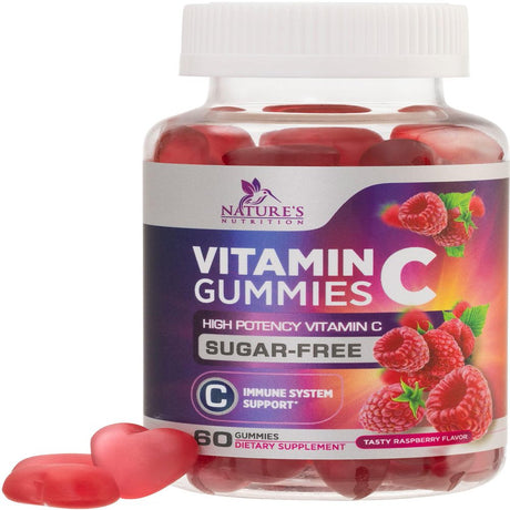 Sugar Free Vitamin C Gummies - Immune Support & Antioxidant Vitamin Dietary Supplement - Vegan, Non-Gmo, Dairy & Gluten Free C Gummy Vitamins - Raspberry Flavor for Kids & Adults - 60 Count Gummies