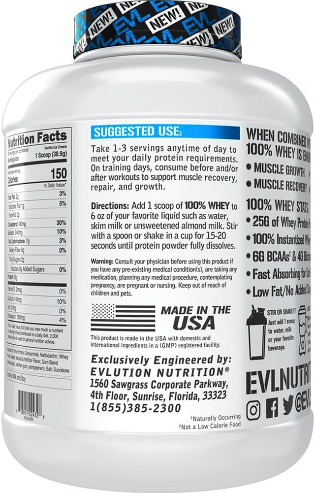 Evlution Nutrition 100% Whey Protein, 25G of Whey Protein, 6G of Bcaas, 4G of Glutamine, Gluten Free (5 LB, Vanilla Ice Cream)