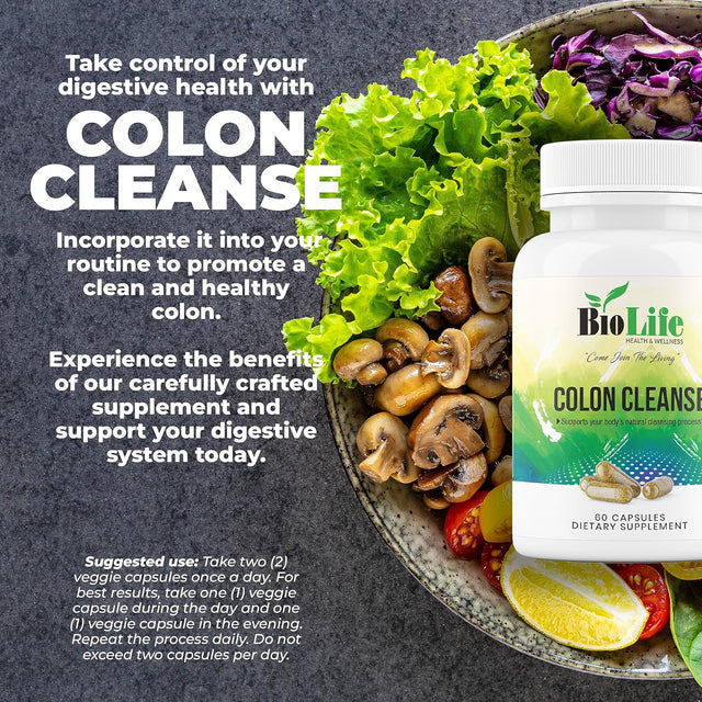 Biolife Colon Cleanse & Detox for Weight Depletion with Psyllium Husk, Gut Health Probiotics & Constipation, Bloating Relief, Body Gut Cleanse Detox for Women, Non GMO (60 Vegan Capsules)