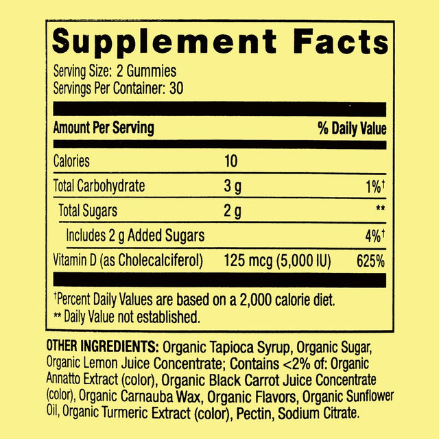 Spring Valley Extra Strength Vitamin D3 Bone & Immune Health Dietary Supplement Vegetarian Gummies, 125 Mcg (5,000 IU), 60 Count