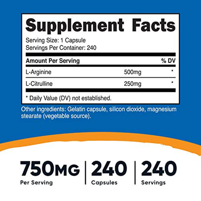 Nutricost L-Arginine L-Citrulline Complex 750Mg, 240 Capsules - Non-Gmo