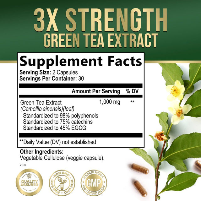 Nature'S Green Tea Extract Pills 98% Standardized EGCG 1000Mg - 3X Strength for Natural Energy & Supports Heart Antioxidant Health - Herbal Supplement with Polyphenols, Vegan, Non-Gmo - 60 Capsules