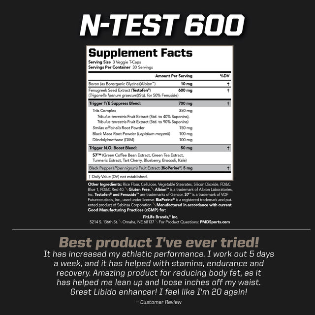 PMD Sports N-Test 600 Advanced Testosterone Booster for Men - Strong and Powerful with Testofen - Training and Bodybuilding - Lean Muscle Growth and Strength Gains - Test Boost (90 Veggie-Caps))