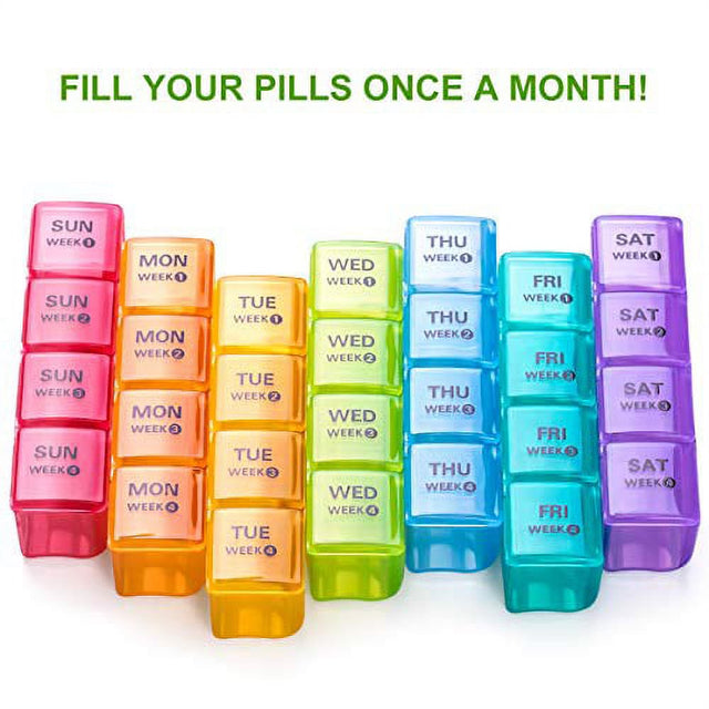 Sukuos 28 Days Monthly Pill Organizer with 7 Days a Week Compartment (Morn, Noon, Eve, Bed) , Daily Pill Box Planner for Pills, Vitamins, Fish Oil, Supplements, Large with Moisture & Dust Proof