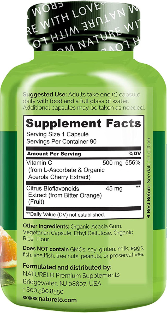 NATURELO Vitamin C with Organic Acerola Cherry Extract and Citrus Bioflavonoids - Vegan Supplement - Immune Support - 500 Mg VIT C per Cap - Non-Gmo - 90 Capsules