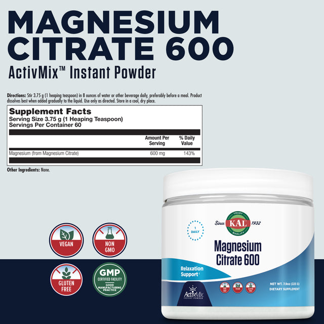 KAL Magnesium Citrate 600 Activmix Instant Powder | Unflavored | Healthy Muscle, Nerve & Circulatory Function Support | Vegetarian | 60 Servings