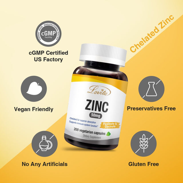 Lovita Zinc 50Mg | Potent Highly-Absorbed Chelated Zinc Supplements, Picolinate & Bisglycinate | Vegan, Gluten Free, Non-Gmo | for Immune, Antioxidant Support & Healthy Skin | 200 Capsules (Pack of 3)