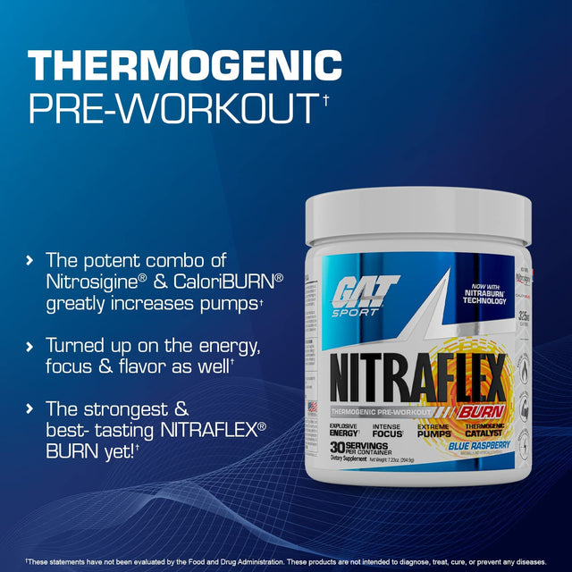 GAT Sport NITRAFLEX Burn, Pre-Workout, Blue Raspberry, 30 Servings