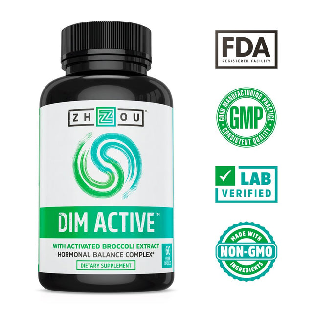 Zhou DIM Active | Menopause & Estrogen Metabolism Supplement with 250Mg DIM plus Broccoli Seed Extract & Bioperine | for Women & Men | 60 Capsules