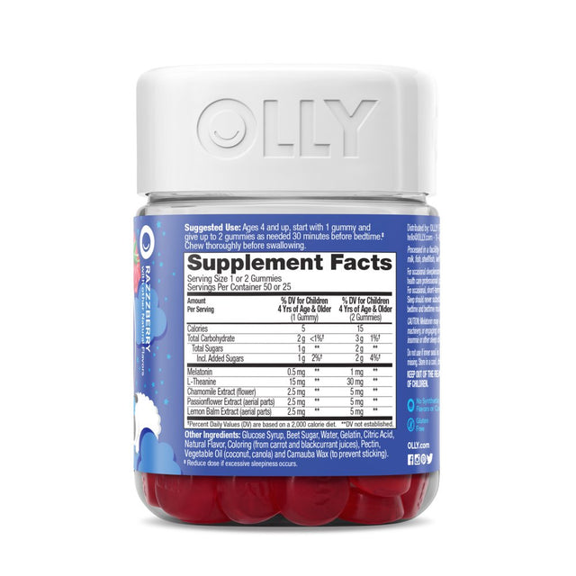 OLLY Kids Sleep Gummy Supplement, 0.5 Melatonin, L Theanine, Raspberry, 50 Ct