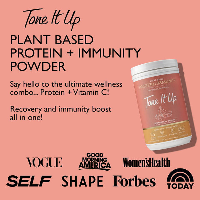 Tone It up Plant Based Protein + Immunity Powder I Dairy Free, Gluten-Free, Kosher, Non-Gmo Pea & Chia Seed Protein and Oat Milk for Women I 14 Servings, 15G of Protein + Vitamin C – Strawberry Banana