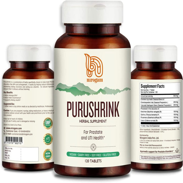 Nirogam'S Purushrink Herbal Tablets for Men Prostate | Bladder Control Ayurveda Formula 120 Tablets