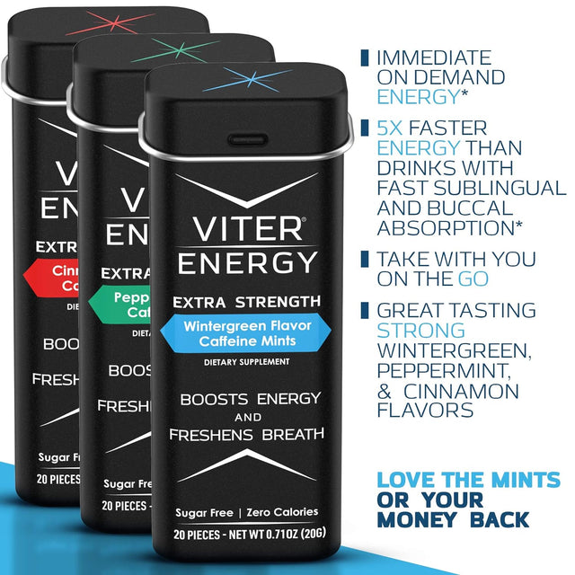 Viter Energy Extra Strength Caffeinated Mints 80Mg Caffeine, B Vitamins, Sugar Free. (Variety, 20Pcs, 6 Pack)