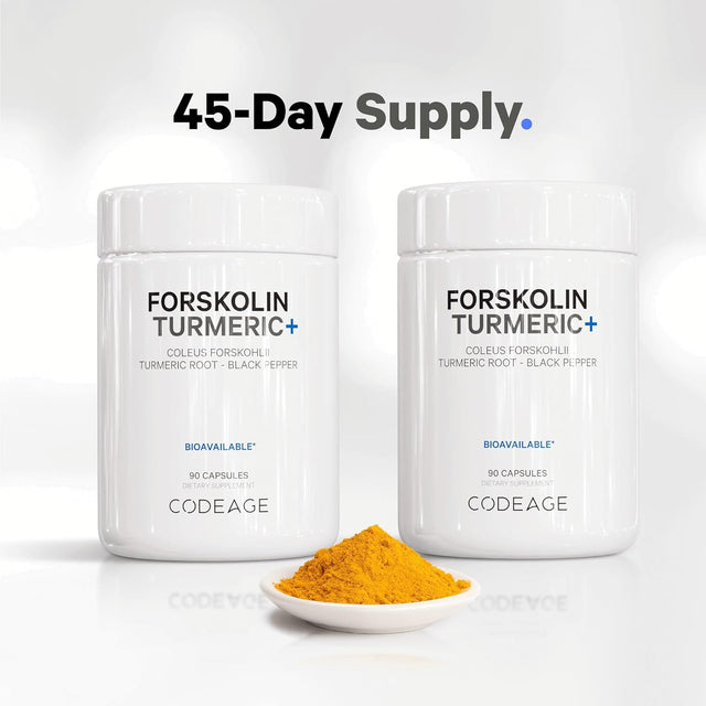 Codeage Forskolin, Pure Forskolin Coleus + Organic Turmeric Root Powder, 95% Curcuminoids + Bioperine Black Pepper for Absorption - 20% Standardized Coleus Forskohlii, Non-Gmo, 90 Capsules