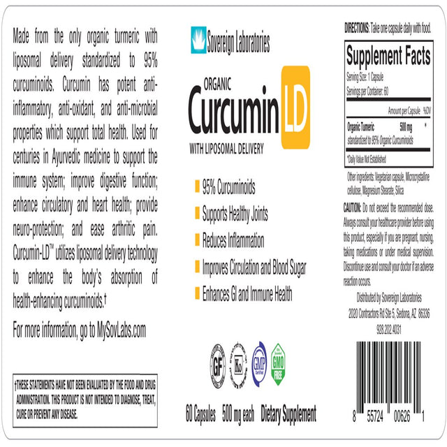 Sovereign Laboratories Organic Curcumin-Ld, 95% Curcumonoids 60Pc 500Mg Capsules