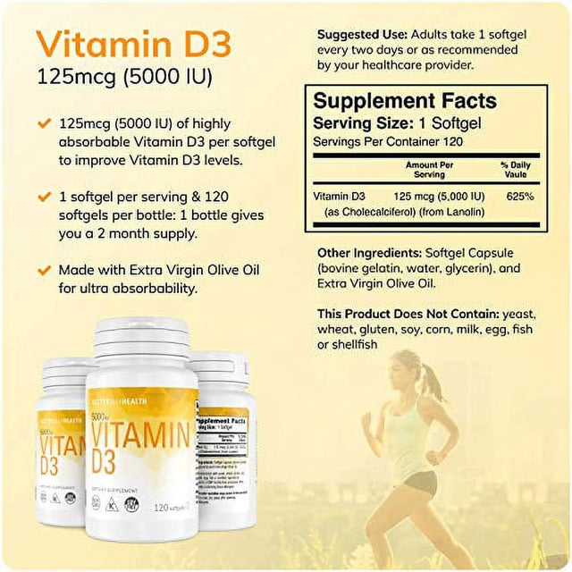 Better Way Health Vitamin D3 5,000 IU - High Potency, Supports Bone Health & Immune System - 120 Softgels of Vitamin D3 - Non-Gmo, Soy Free