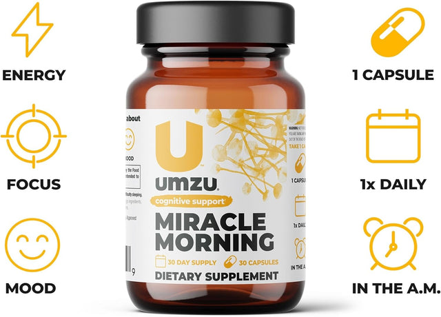 UMZU Miracle Morning - Natural Energy Supplements - with Caffeine, L-Theanine, Thiamin & More - Focus & Energy Pills - 30 Day Supply - 30 Capsules