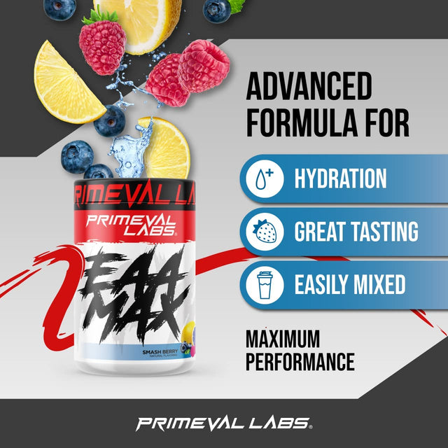 Primeval Labs EAA Max, BCAA Perfect Amino Acid Powder - Pre or Post Workout Muscle Recovery - Bcaas, Eaas, Electrolytes, Supports Hydration & Performance, Keto Friendly (Smashberry)