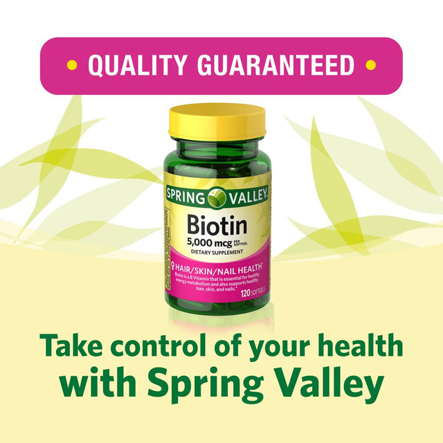 Spring Valley Biotin Hair/Skin/Nails Health Dietary Supplement Softgels, 5,000 Mcg, 120 Count