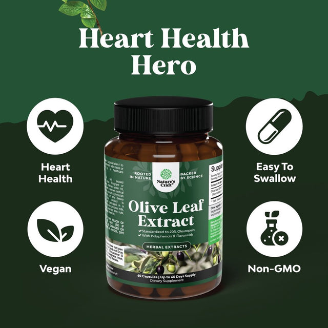 Potent Olive Leaf Extract Capsules - High Strength Antioxidant Supplement with Pure Olive Leaf with 20% Oleuropein - Herbal Heart Health Supplement - Vegan Non-Gmo & Gluten Free (2 Month Supply)