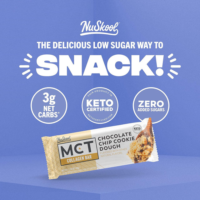 MCT Collagen Bar by Nuskool, Chocolate Chip Cookie Dough (12 Pack) - Delicious & Clean, Keto Friendly Protein Snacks - 3G Net Carbs - Gluten Free, Dairy Free, Soy Free & Non-Gmo