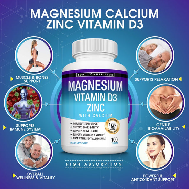 Toplux Magnesium Zinc Vitamin D3 Calcium - Support Bone & Muscle Health, Immune System 100 Tablets