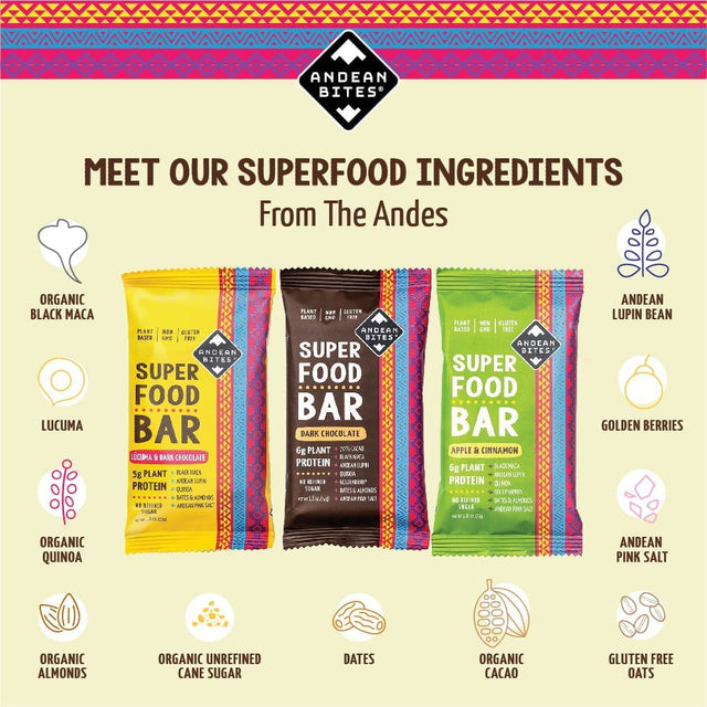 Andean Bites Superfood Bars – Plant Based Energy Bars – Black Maca, Lupin, Quinoa Nutrition Bars – Healthy Energy Snacks – Non-Gmo, Gluten-Free, Vegan Bars, Variety Pack of 12, Cacao Flavor