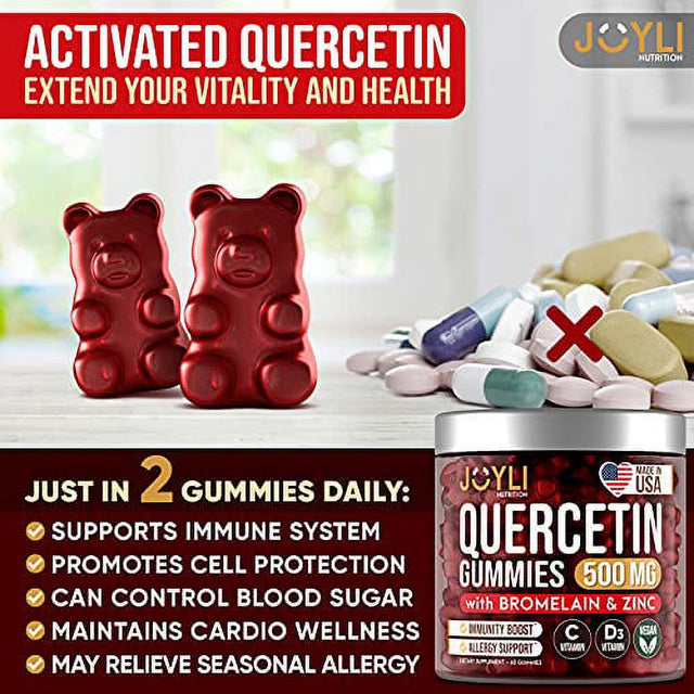 JOYLI Quercetin Gummies - Quercetin with Bromelain, Zinc & Vitamin C - Quercetin 500Mg Supplement for Immunity, Cardiovascular Support - Pure Quercetin for Kids and Adults - 60 Pcs Quercetin Chewable