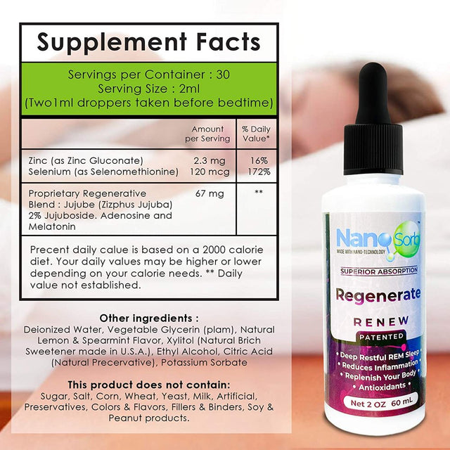 Nanocorhealth Renew Regenerate Sleep Supplement - Liquid Melatonin, Zinc, Selenium, Jujube Extract - Promotes Deep, Restful Sleeping - Natural Nighttime Calming Drops for Adults - 2Oz, 60Ml Bottle