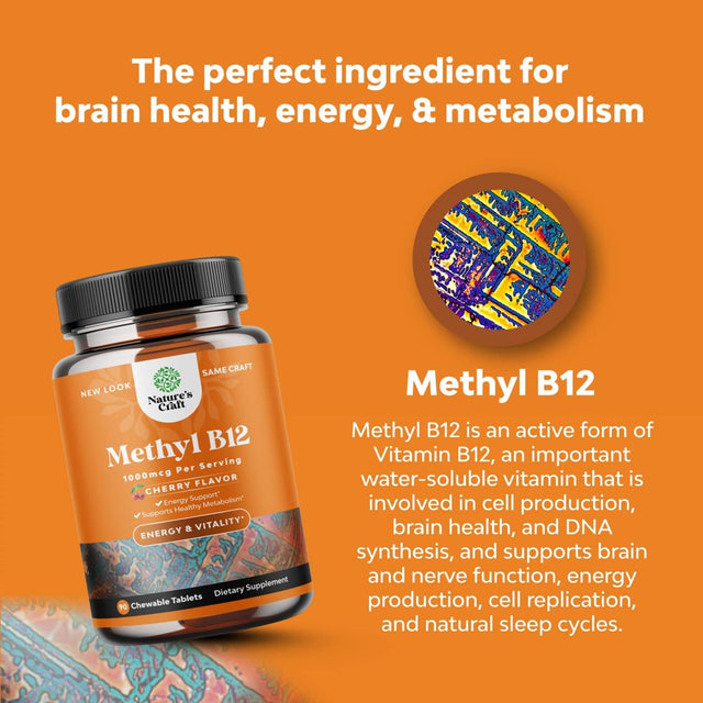 Chewable Vitamin B12 1000 Mcg per Serving - Cherry Flavor Methyl B12 Vitamins for Brain Support, Energy & Metabolism Boost 90Ct Tablets