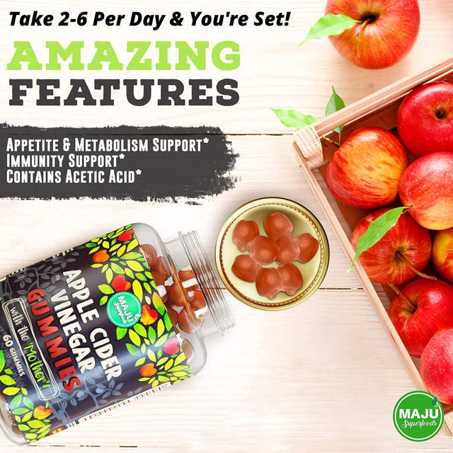 Apple Cider Vinegar Gummies with Mother - Weight Management & Detox - 2X Stronger (1000 Mg) Unfiltered ACV, Gluten-Free, Chewable, Low Sugar Content, Vegan by MAJU