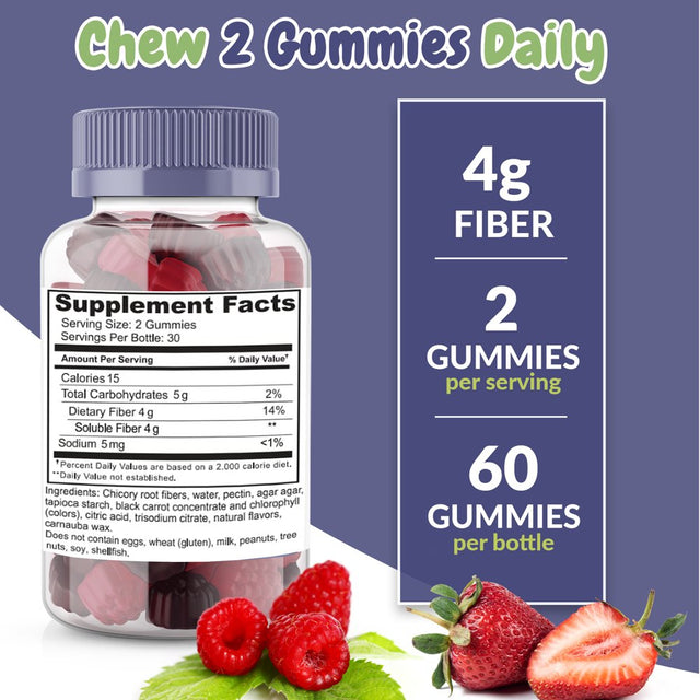 Health Supplied Fiber Prebiotic Gummies Sugar Free, Keto Friendly | Gut Cleansing, Constipation Relief | Natural Berry Flavor