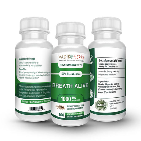 Breath Alive by Vadik Herbs | All Natural Lungs and Bronchial Supplement | Herbal Respiratory Health | All Natural Ayurvedic Lung Health | Pure Vegetarian Capsules